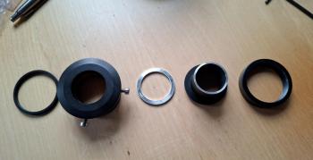 The low-profile adapter: M48 male->M42 fem., 2"->1.25", spacer, T2 nose-cone, T2 male-male adapter.