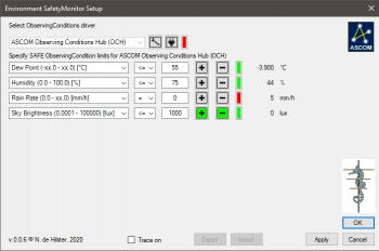 The set-up dialog during run-time, showing that there is more rain than wanted.