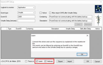 The Learn and Verbose checkboxes in the Generic UPS SafetyMonitor driver.